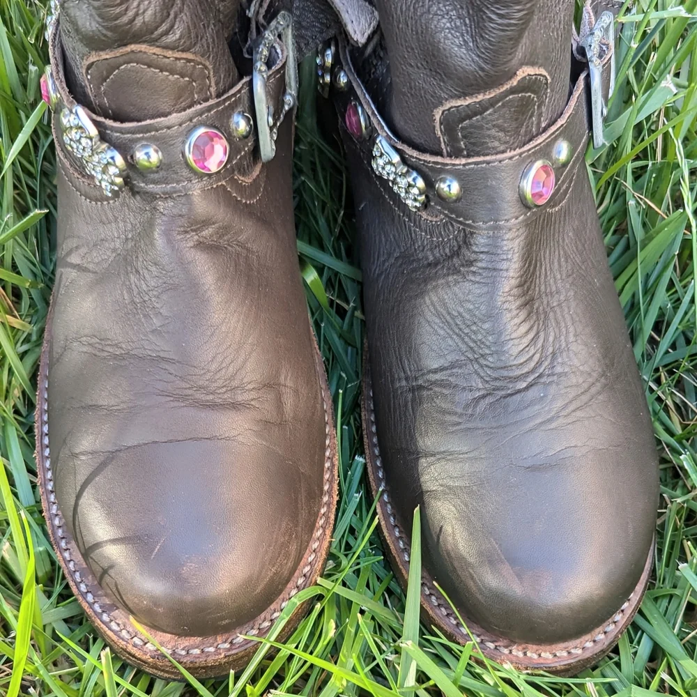 Brown Leather Cowboy Biker Moto Rare Pink Bling Boots 9 fit like 8.5 - Picture 5 of 12